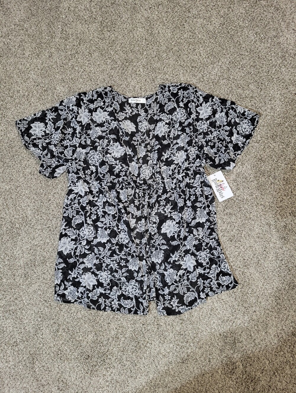 RoomMates Womens Large Boho Floral Kimono Open Tie Front Top Semi Sheer Festival